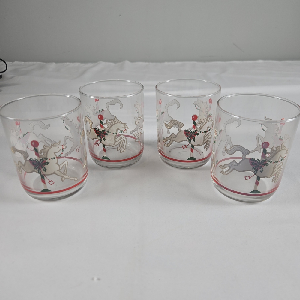 Vintage Libbey Christmas Carousel Horse Glasses Set of 4 Holiday Old Fashion